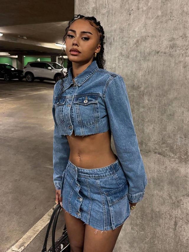 casual washed denim cropped jacket and mini skirt set