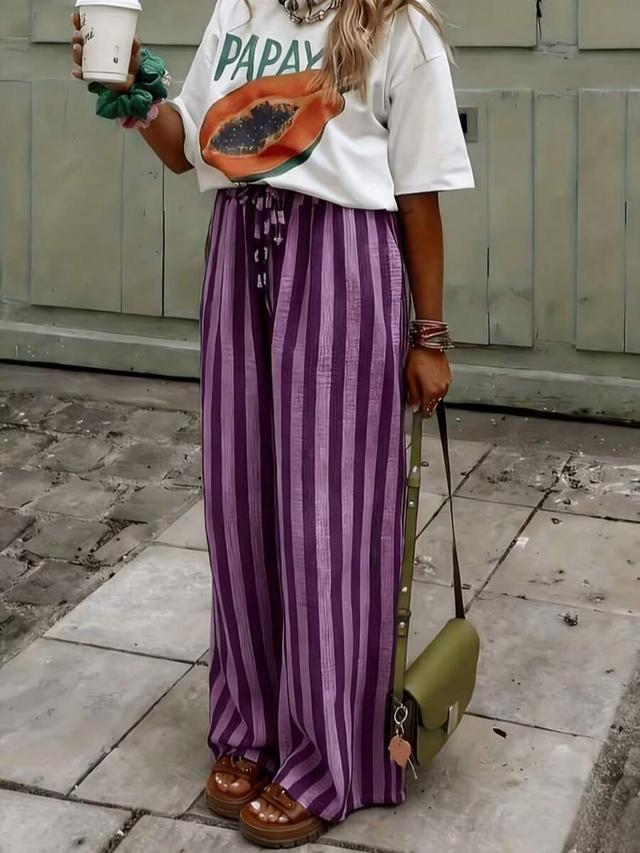 women's purple striped wide leg drawstring pants