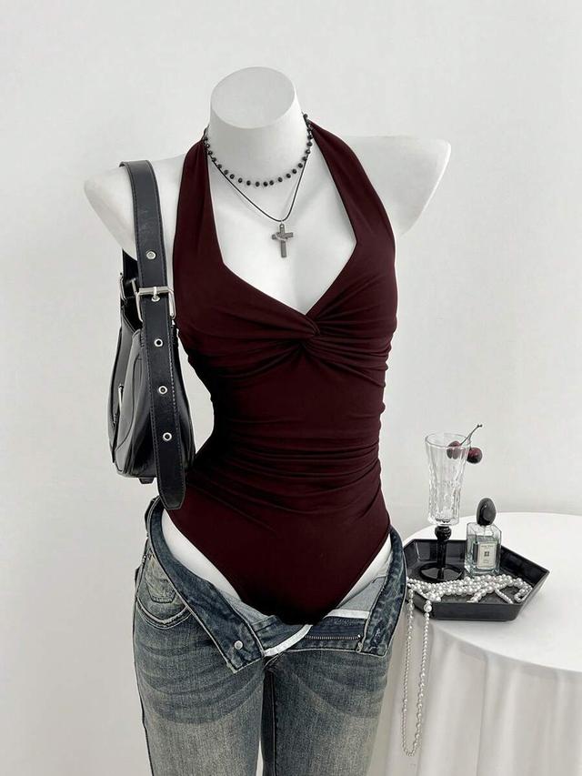 dark burgundy v-neck front twist sleeveless bodysuit