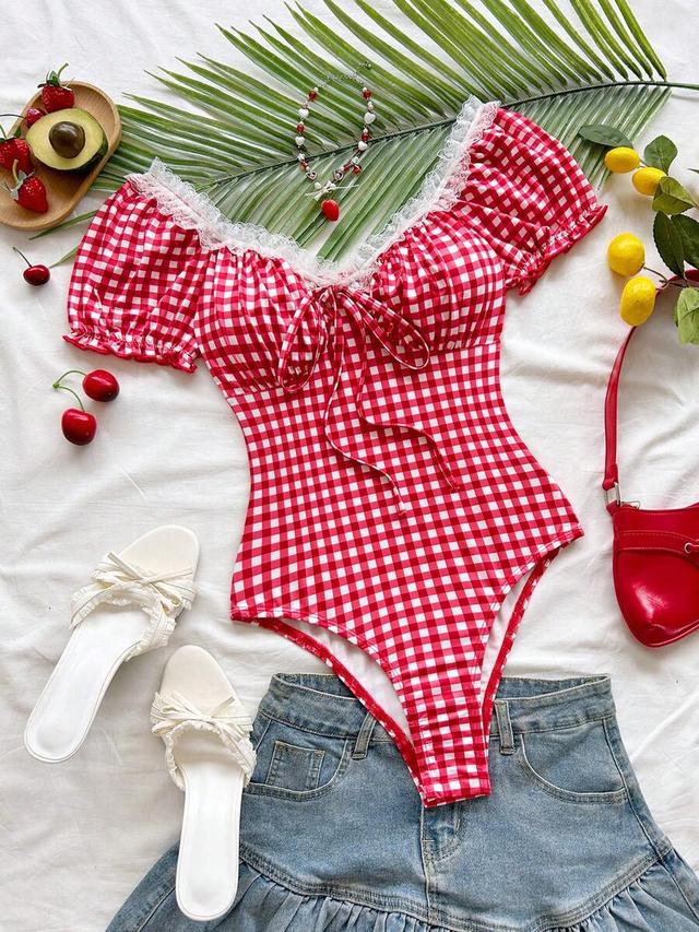 soleia plaid lace trim bodysuit
