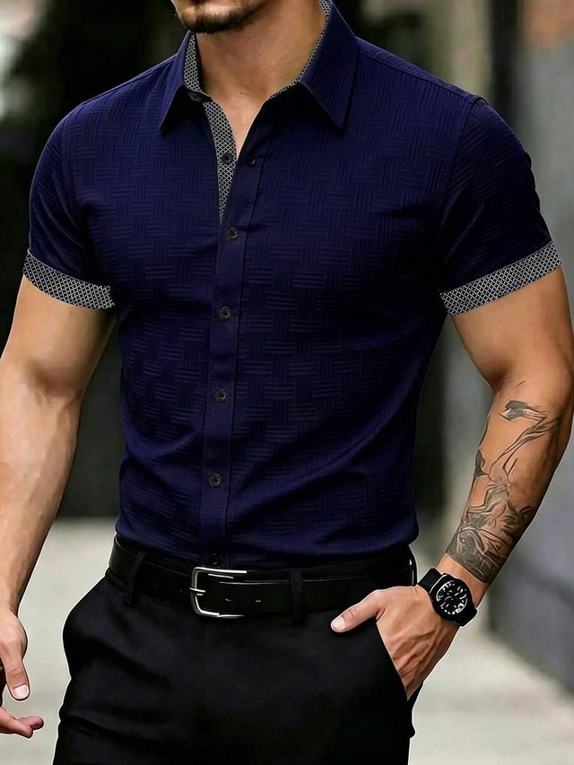 navy blue patchwork plaid print short sleeve shirt