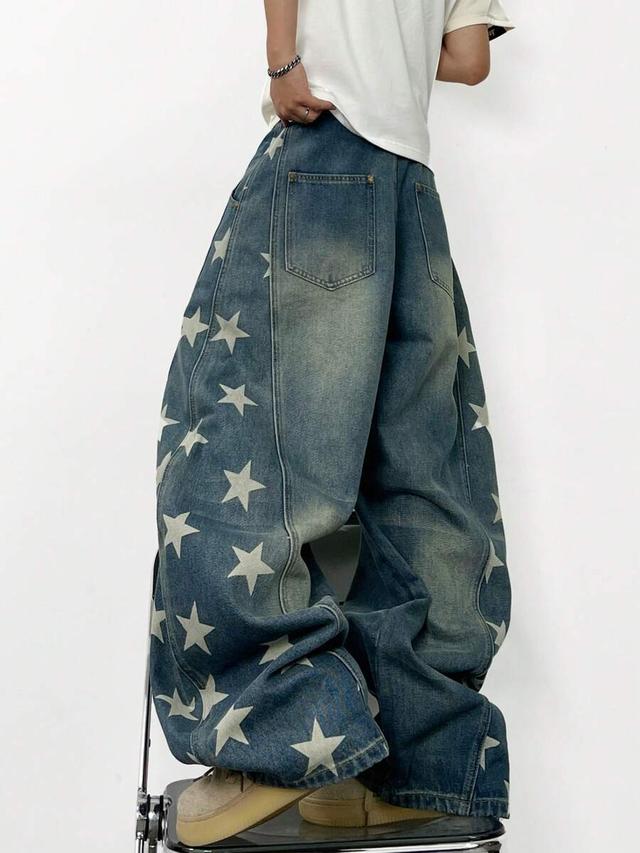 star print loose curved leg patchwork denim jeans