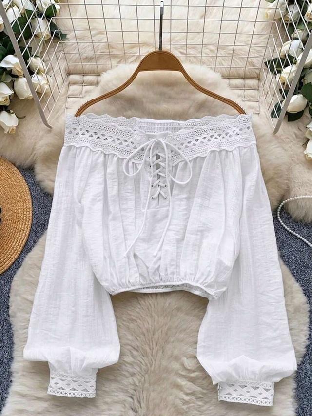 white off-shoulder lace trim long sleeve cinched top