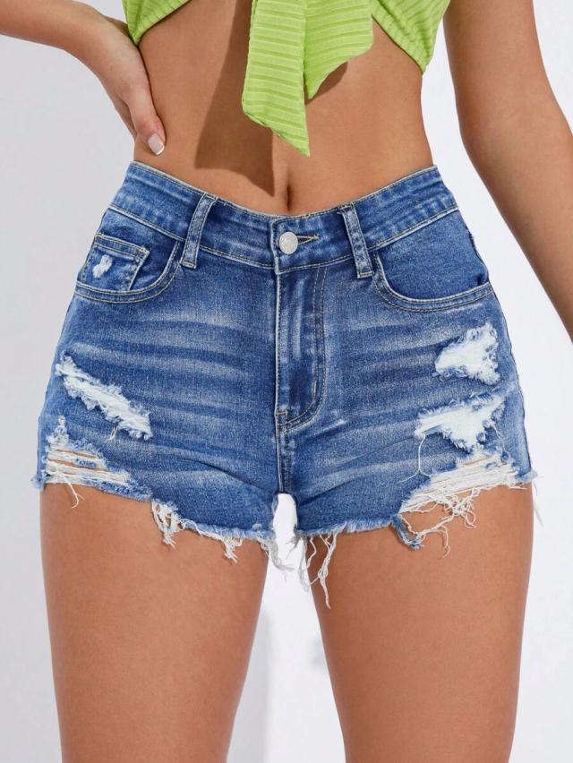 distressed blue denim high-waisted shorts