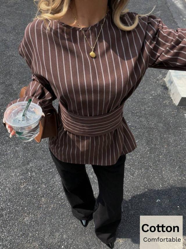 brown striped long sleeve waist blouse