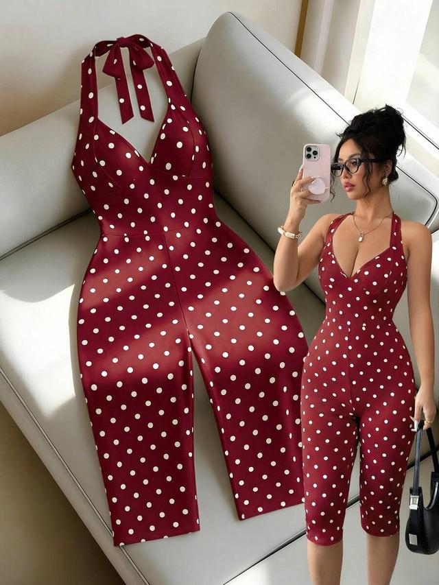 burgundy polka dot halter neck playsuit