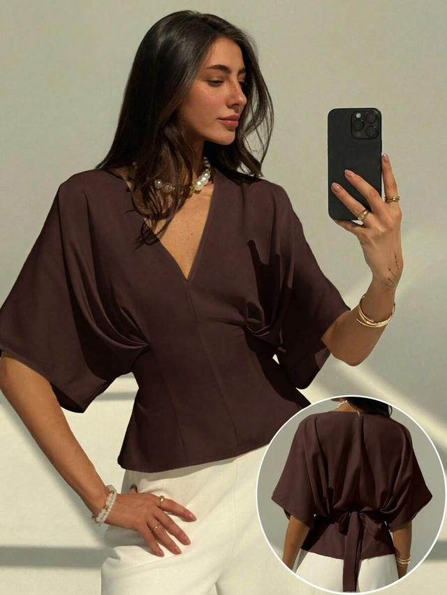 dark brown minimalist short sleeve blouse with back tie