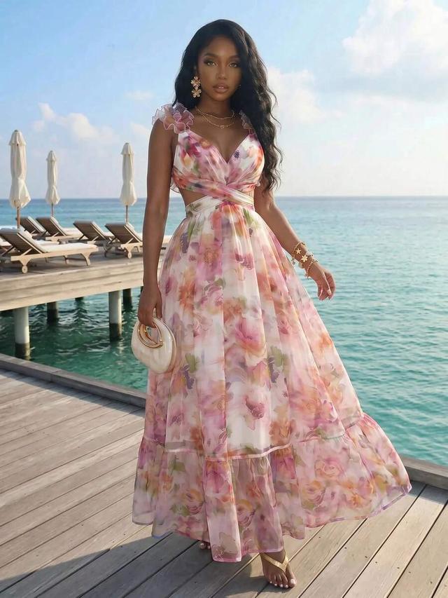 floral print organza maxi dress with ruffle straps
