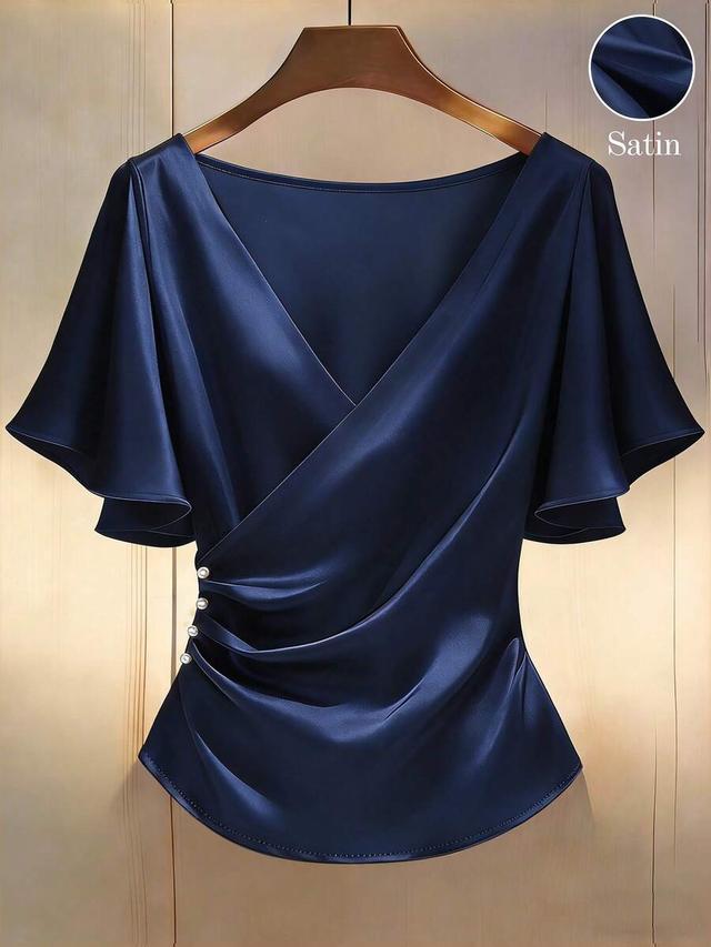 franclia elegant navy satin v-neck blouse