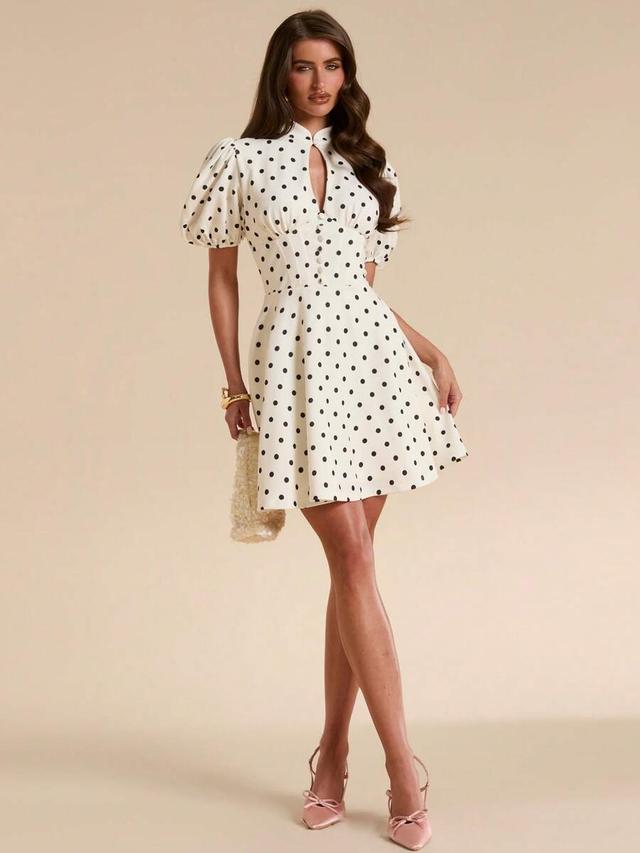 polka dot petal sleeve waist cinched mini dress