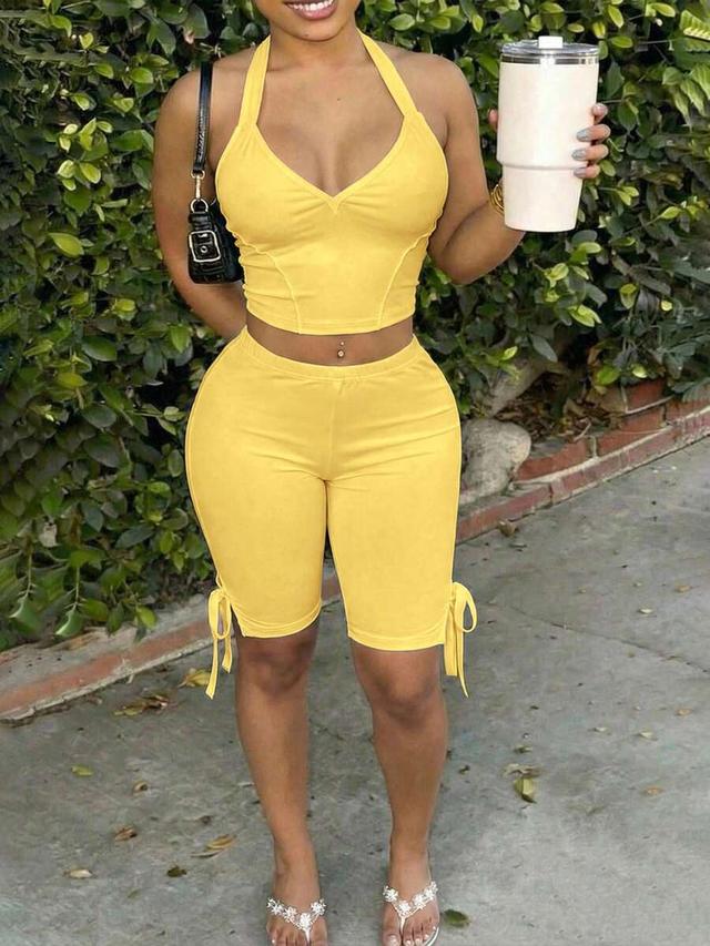 yellow halter neck camisole and shorts set