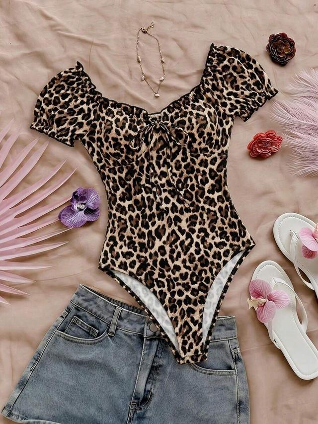 leopard print off-shoulder ruffle tie front bodysuit