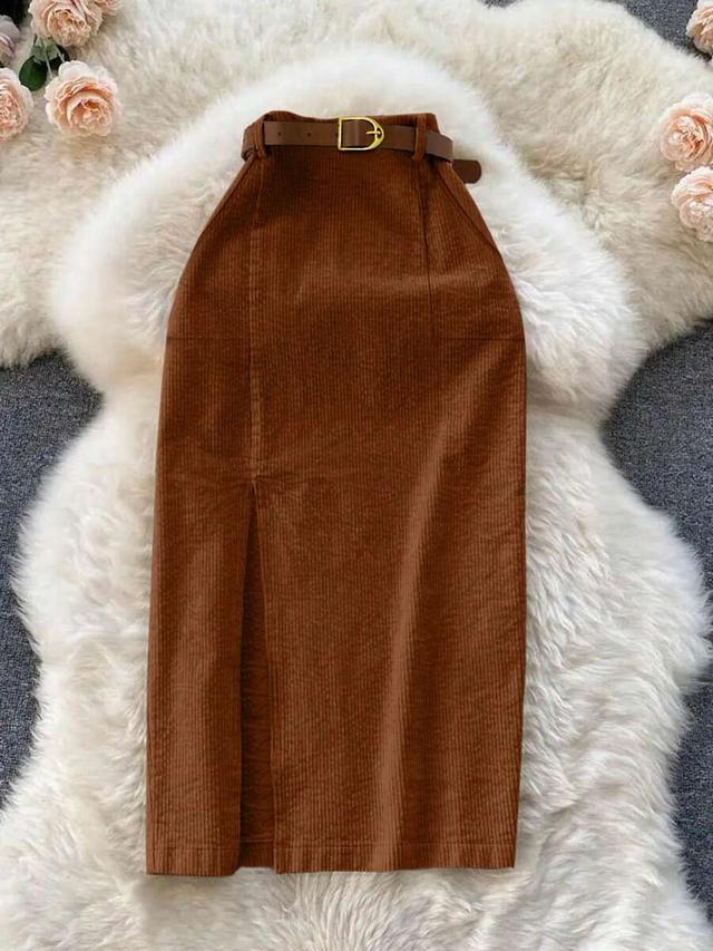 franclia khaki corduroy pocket slit skirt with belt