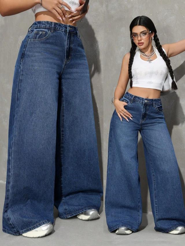 casual wide leg blue denim jeans