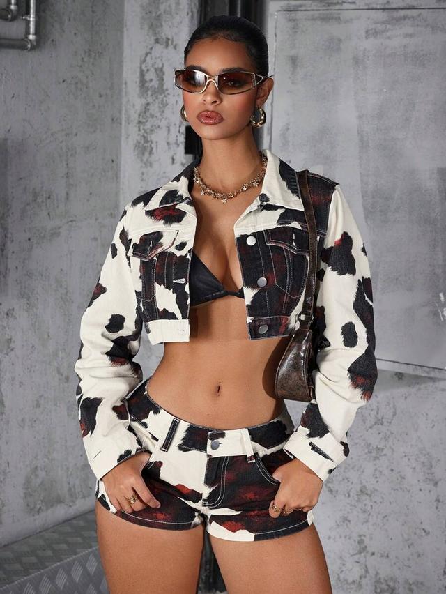 cow print cropped denim jacket