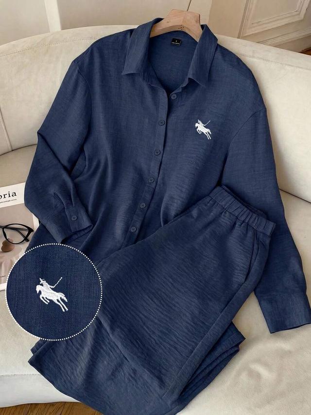 navy blue woven knight embroidery lounge set