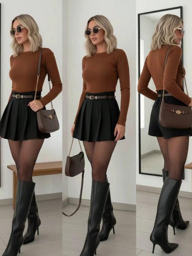 brown pleated front skort with waist belt
