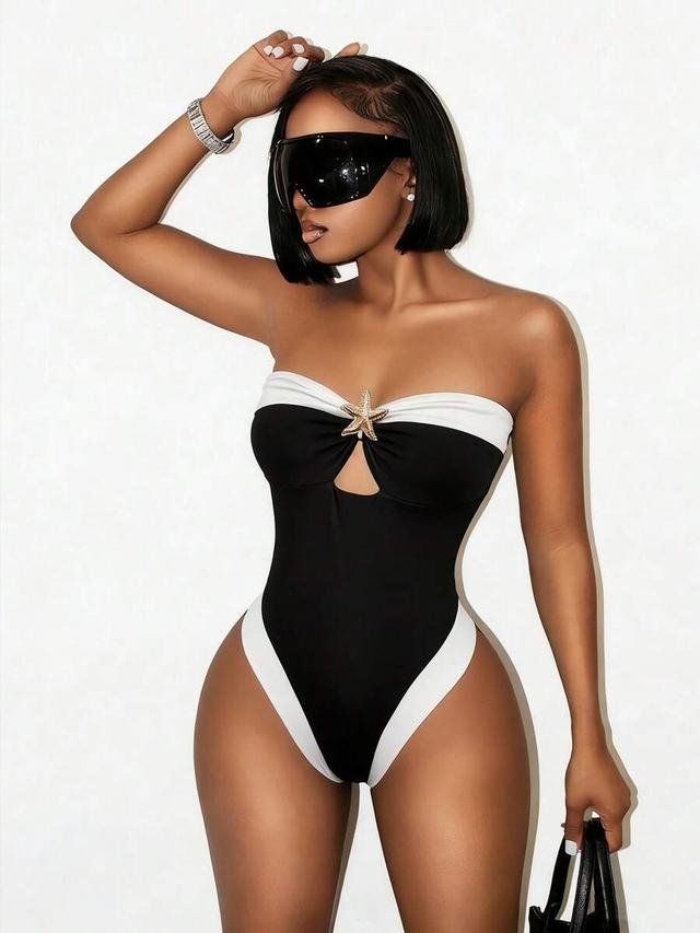 black and white contrast starfish decor strapless bodysuit