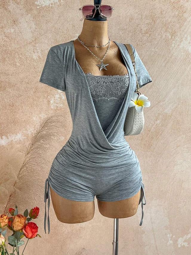 grey jersey romper with lace trim and side ruching