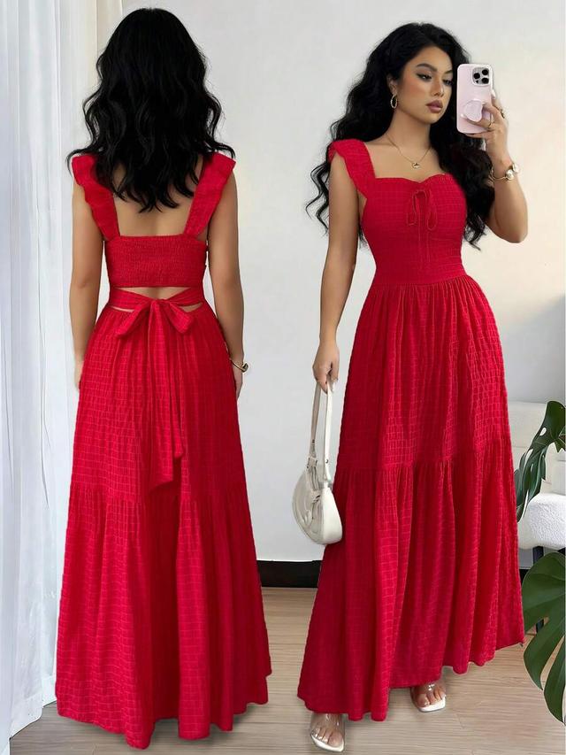 rafferiza women's solid color frill trim front tie dress