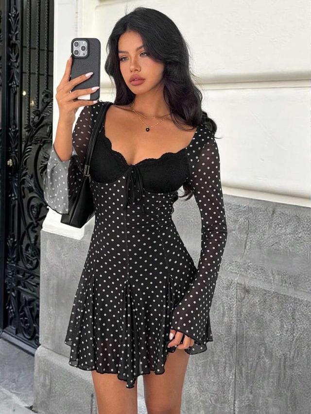black polka dot long sleeve mini dress