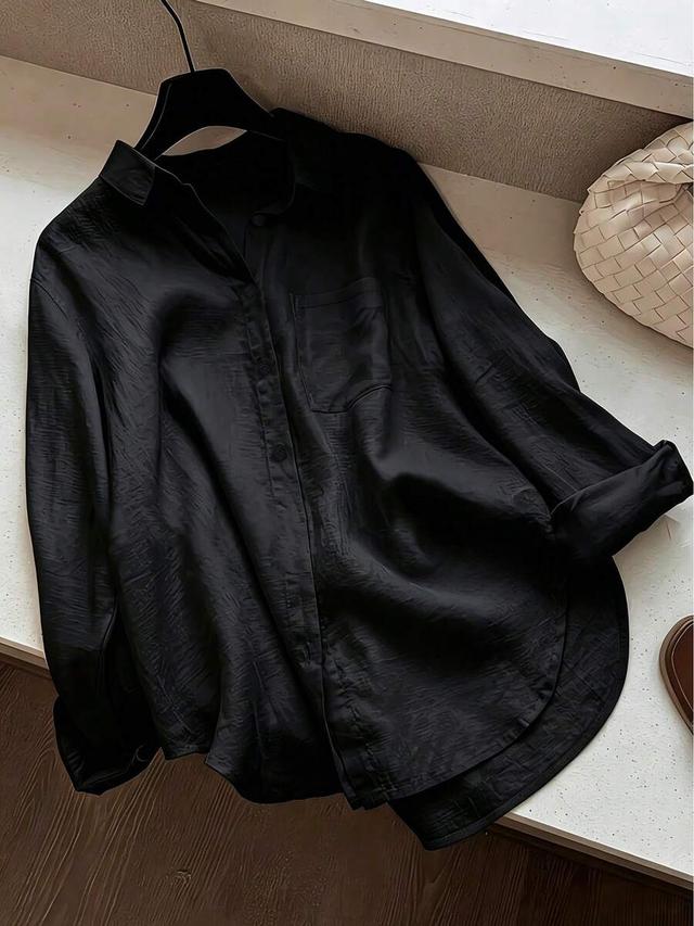 women's casual solid black button-down shirt