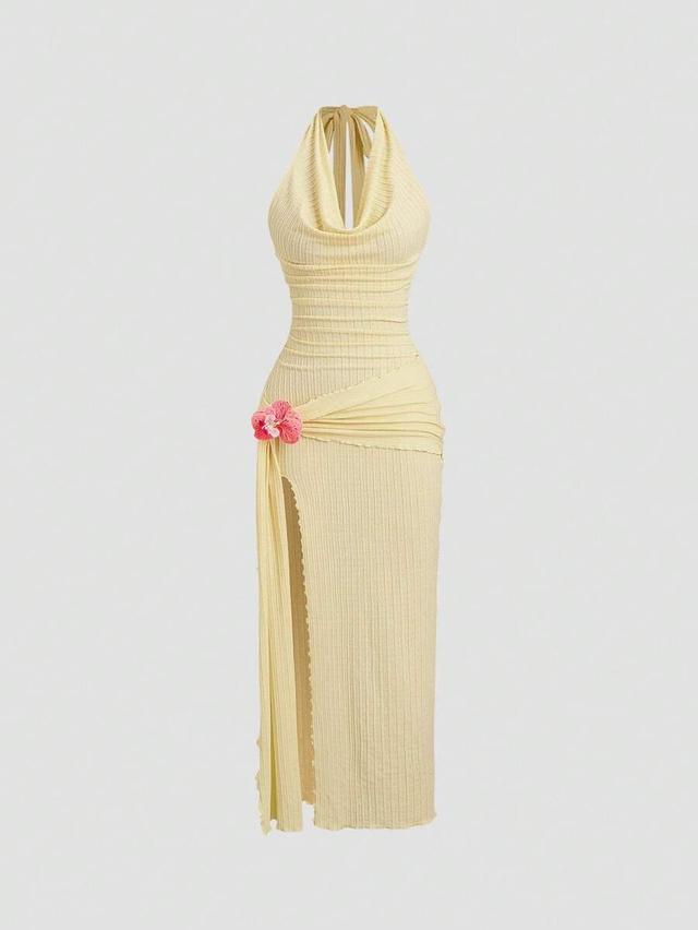 sweetra elegant draped neck high slit textured fabric dress
