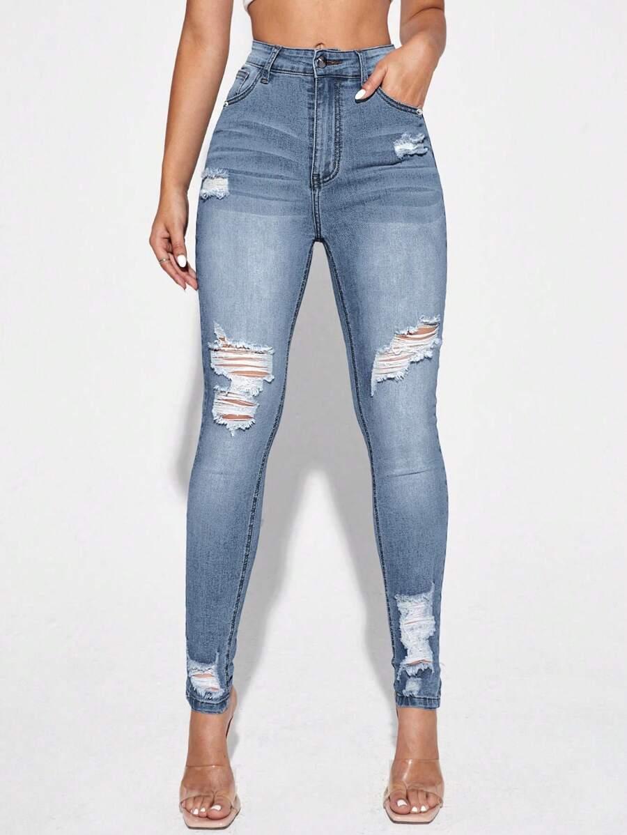 high waist light wash distressed skinny jeans