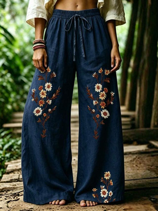 bohemian coffee-colored daisy embroidered wide-leg pants