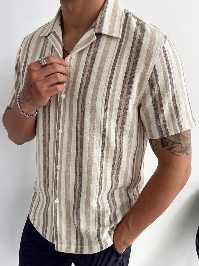 men summer stripe linen blend camp collar shirt