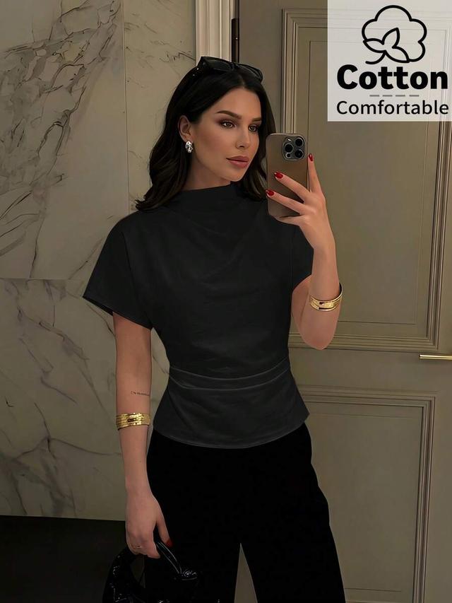 apricot slub linen ruched collar slimming commute shirt