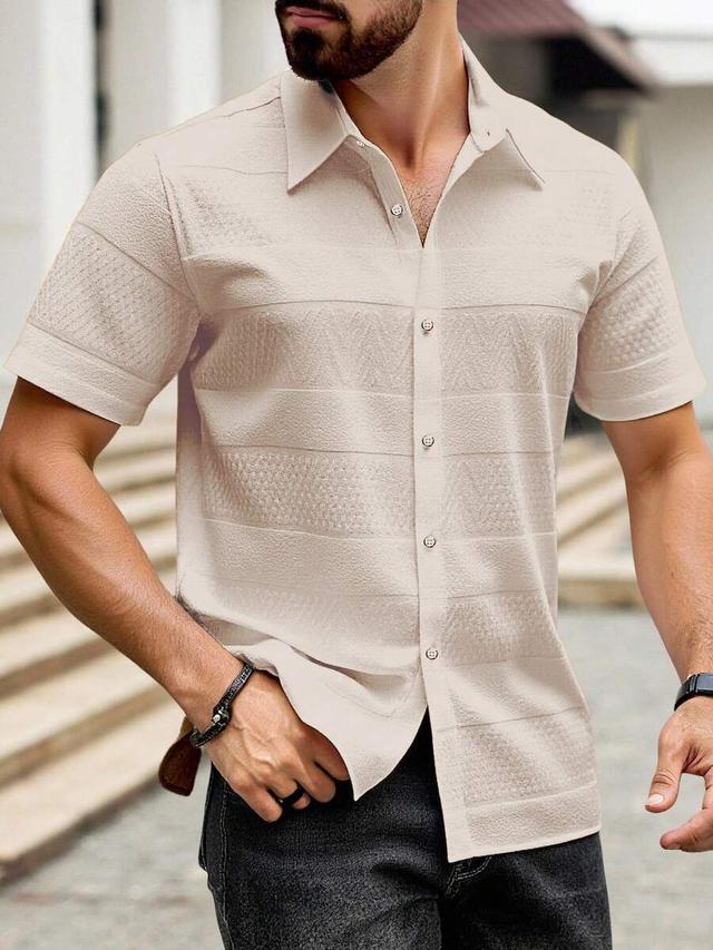 beige textured short sleeve button-down shirt