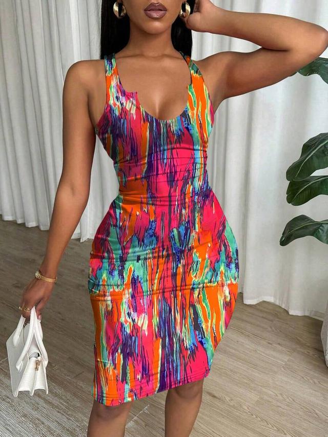 vibrant abstract print bodycon midi dress