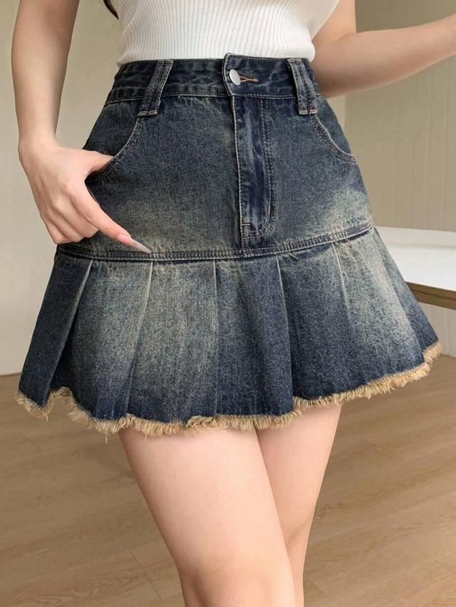 distressed denim pleated mini skirt with raw hem