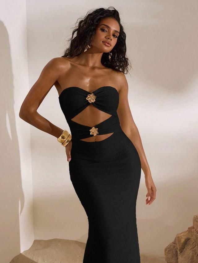 black strapless cut-out midi dress with gold hardware