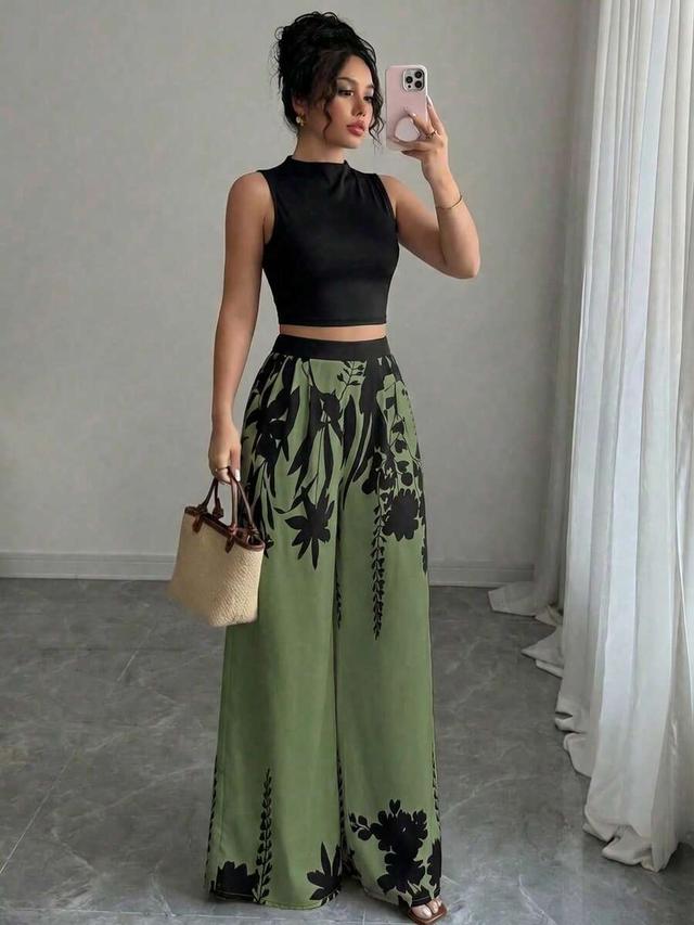 casual colorblock top and wide leg pants set