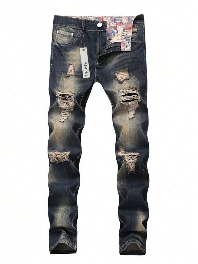 men ripped vintage straight slim fit denim pants