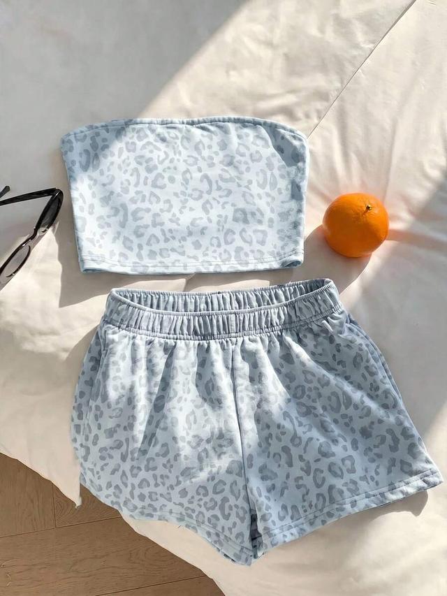 blue leopard print casual elastic waist shorts