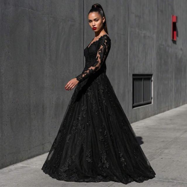 black lace applique long sleeve evening gown