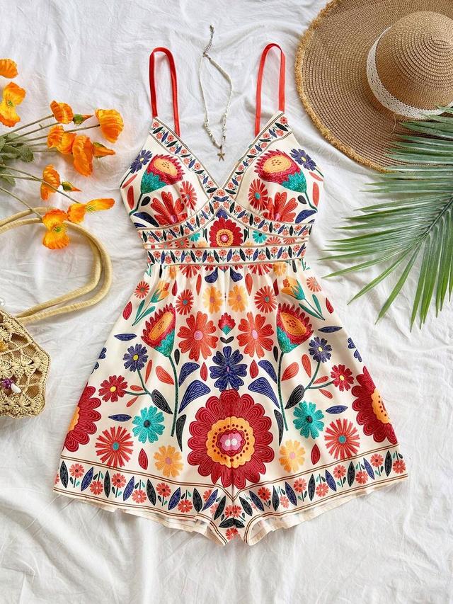 floral print sleeveless romper with v-neckline