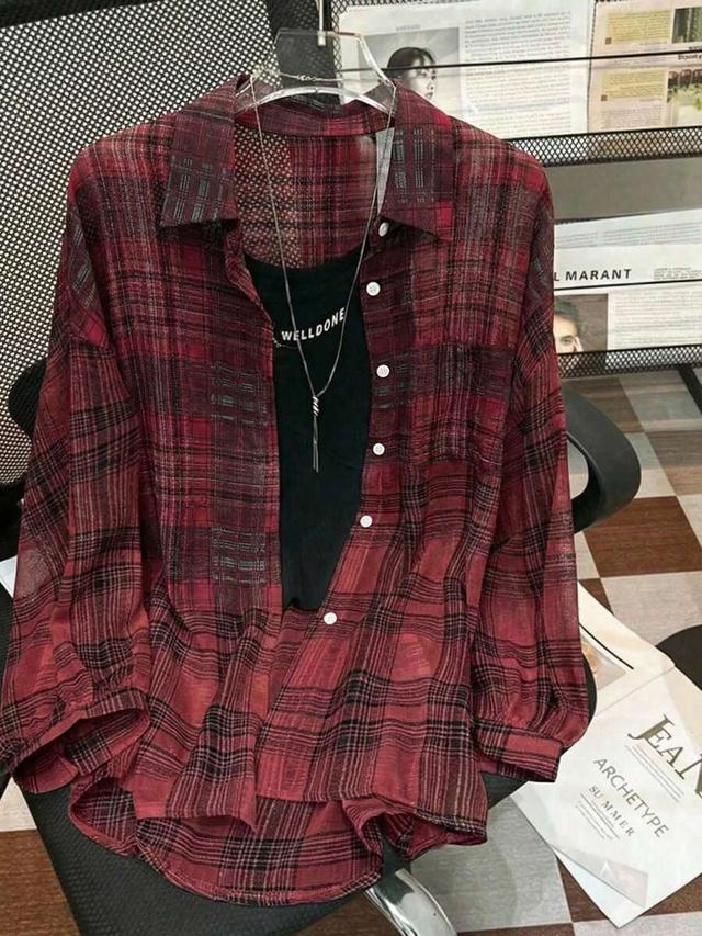 red plaid lightweight casual loose shirt