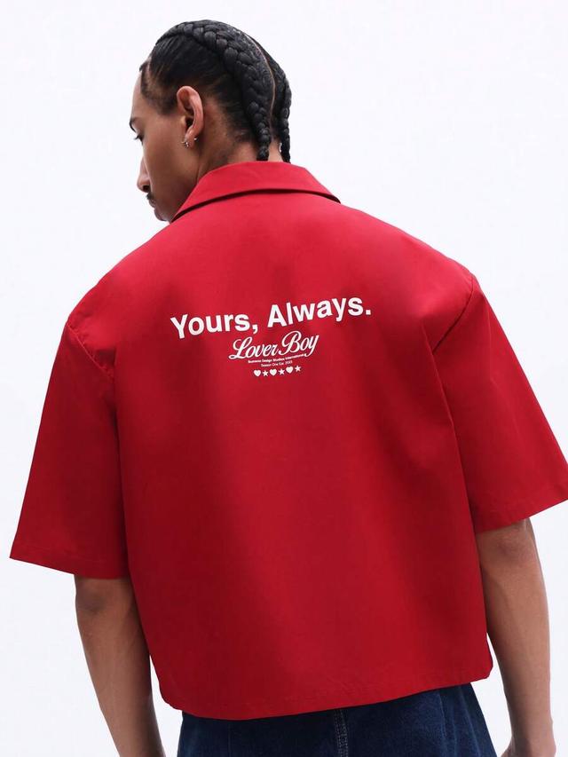 red cropped short sleeve button up woven shirt