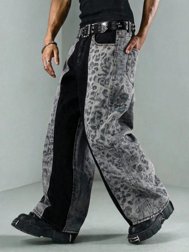 grey leopard leopard print colorblock patch pocket denim long pants