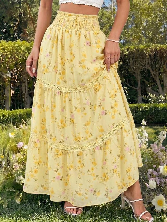 ditsy floral contrast lace hem tiered maxi skirt