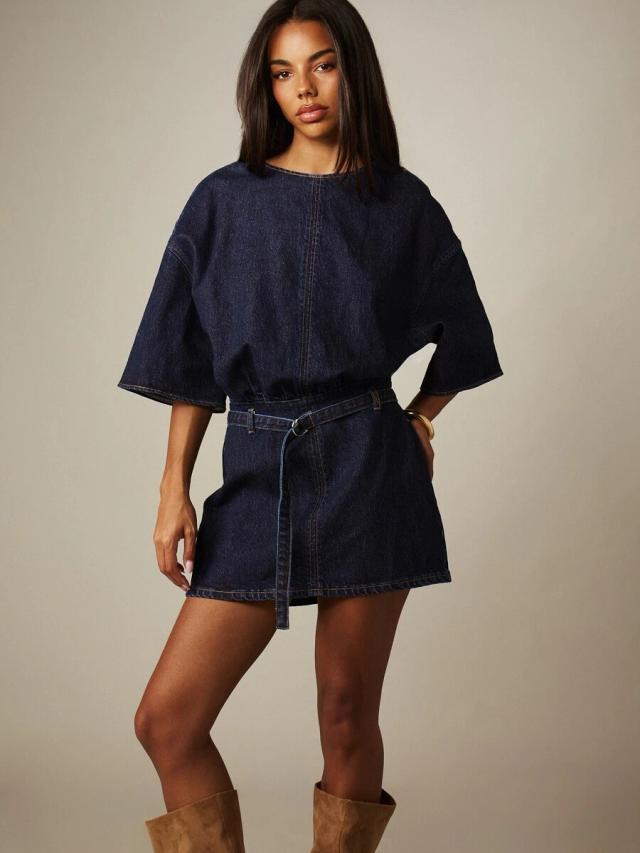 denim mini dress with dropped waist and belt