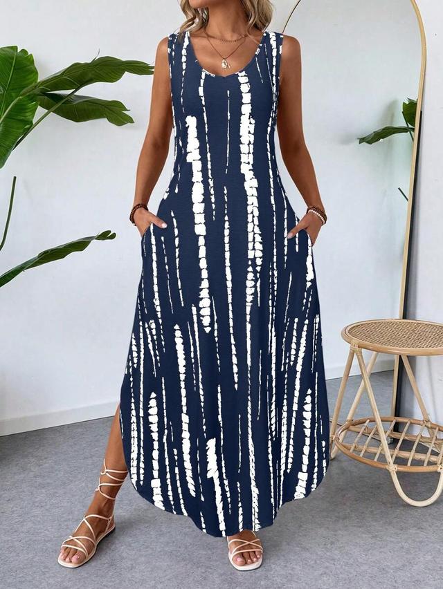 navy and white tie-dye sleeveless cotton jersey maxi dress