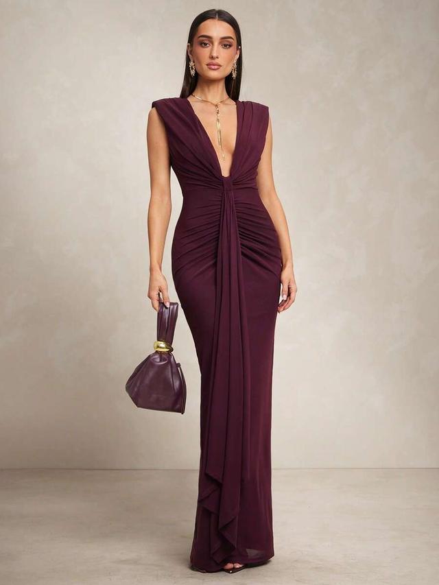silquee burgundy sleeveless deep v-neck satin gown