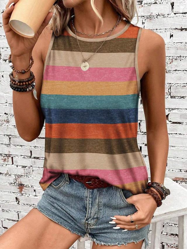 crew neck striped orange and blue tank top