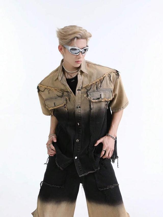 washed gradient denim short sleeve jacket