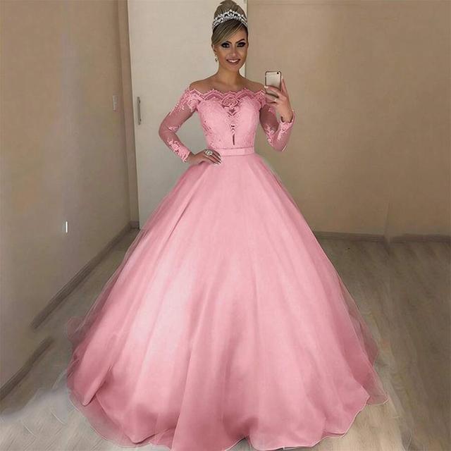 pink off-shoulder lace bodice ball gown dress